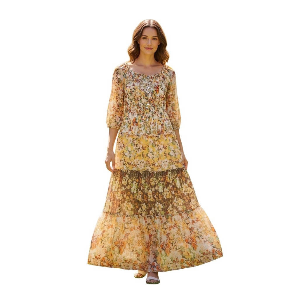 Fig and Flower Floral Tiered Maxi Dress Smocked Bodice Multi Color Boho Mediun
